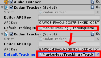 เปลี่ยน Kudan Tracker ส่วนของ Default Tracking จาก MarkerTracking เป็น MarkerlessTracking ครับ