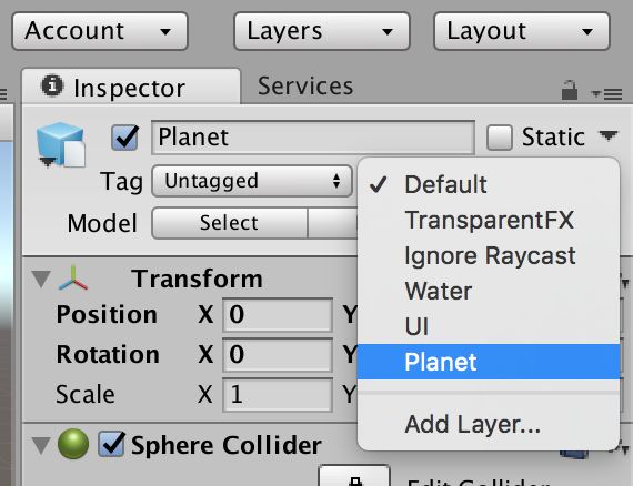 เมื่อสร้าง Layers ชื่อ Planet แล้วใส่ Layer ใน Inspector บนโมเดล Planet ของเราเลย