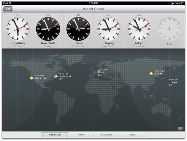 หน้าจอ iPad ของแอพพลิเคชัน Clock สำหรับตั้งเวลาปลุกครับ