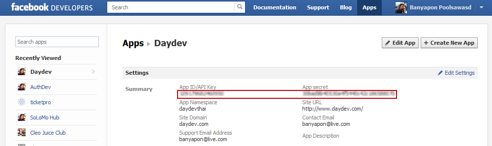 สร้าง Apps ของเราเพื่อที่จะได้นำค่า APP ID และ SECRET ID มาใช้กับแอพพลิเคชันบน Facebook
