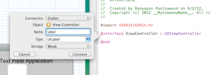 สร้างตัวแปล "label” ขึ้นมาหลังจากลาก Object Label ไปวางไว้ที่ไฟล์ ViewController.h
