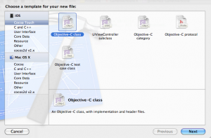 เลือกประเภทของไฟล์ให้เป็น Cocoa Touch และ "Objective-C Class”