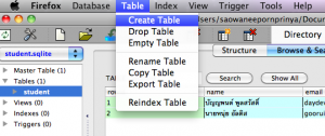 ไปที่เมนู Table->Create Table เพื่อสร้างตารางว่า student