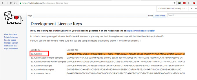 License Key อยู่ในเว็บไซต์ https://wiki.kudan.eu/Development_License_Keys