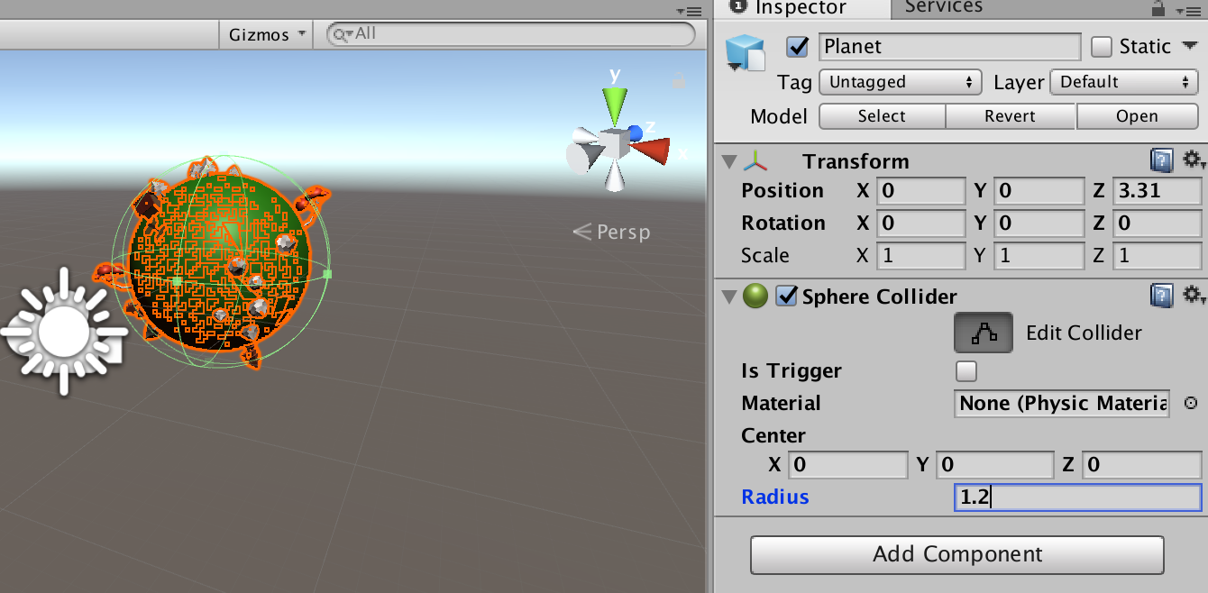 สร้าง Sphere Collider ขึ้นมาให้มีระยะครอบคลุมโมเดลของเรา